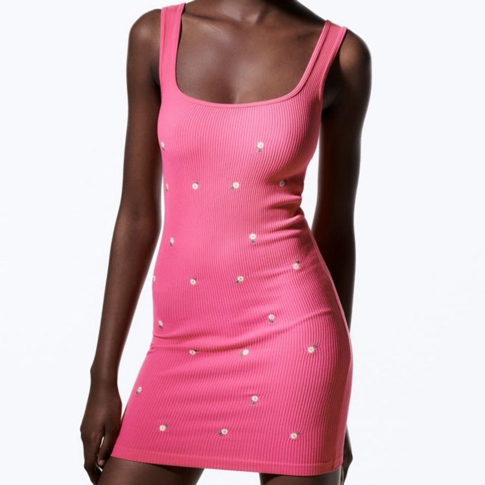Zara Ribbed Embroidered Dress - Pink